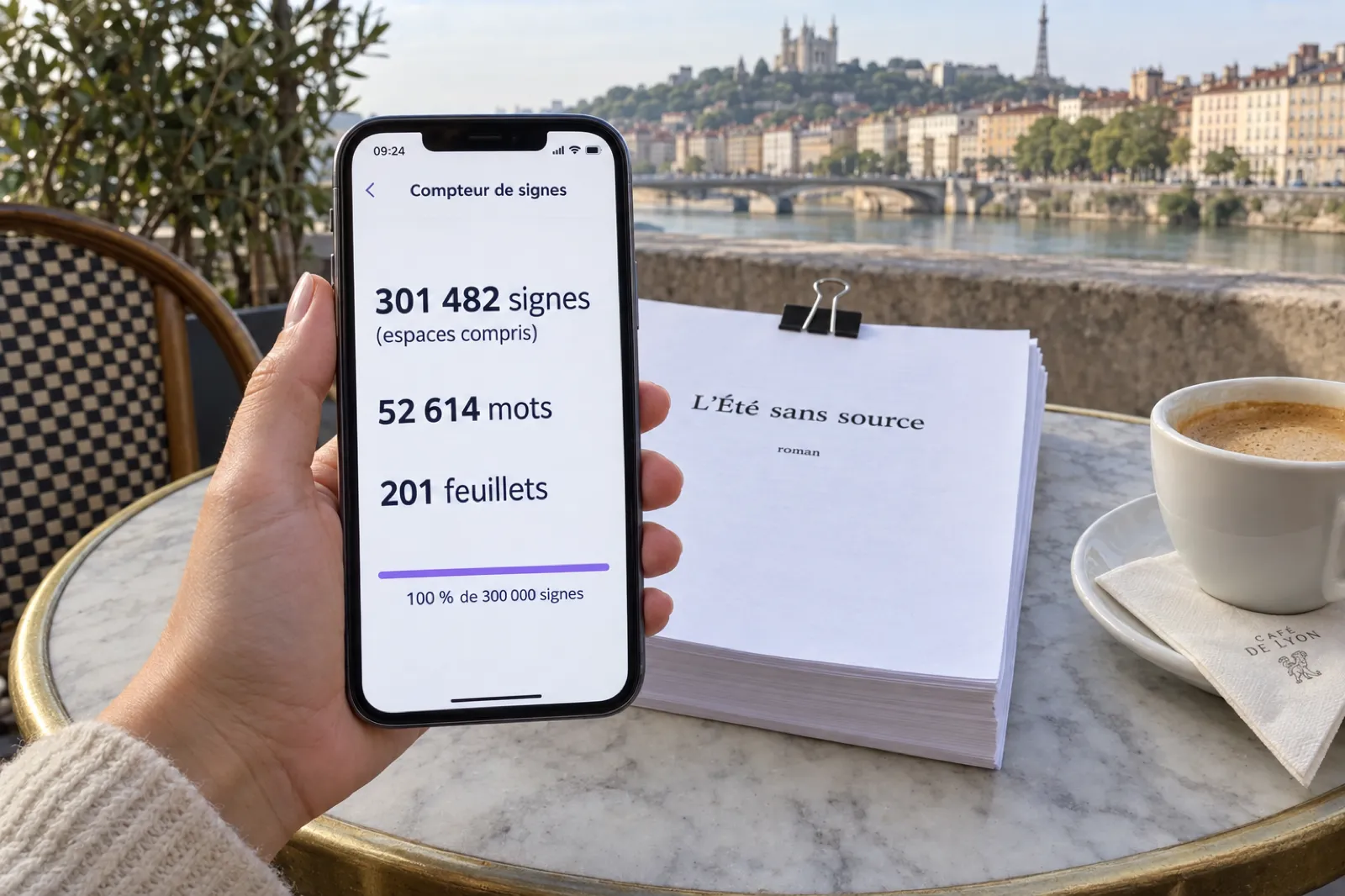 Une main tient un téléphone au-dessus d’une table de café en marbre, à Lyon, avec Fourvière en arrière-plan : l’écran « Compteur de signes » affiche 301 482 signes (espaces compris), 52 614 mots, 201 feuillets et une barre à 100 % de 300 000 signes, devant un manuscrit pincé intitulé L’Été sans source, roman, et un café crème.