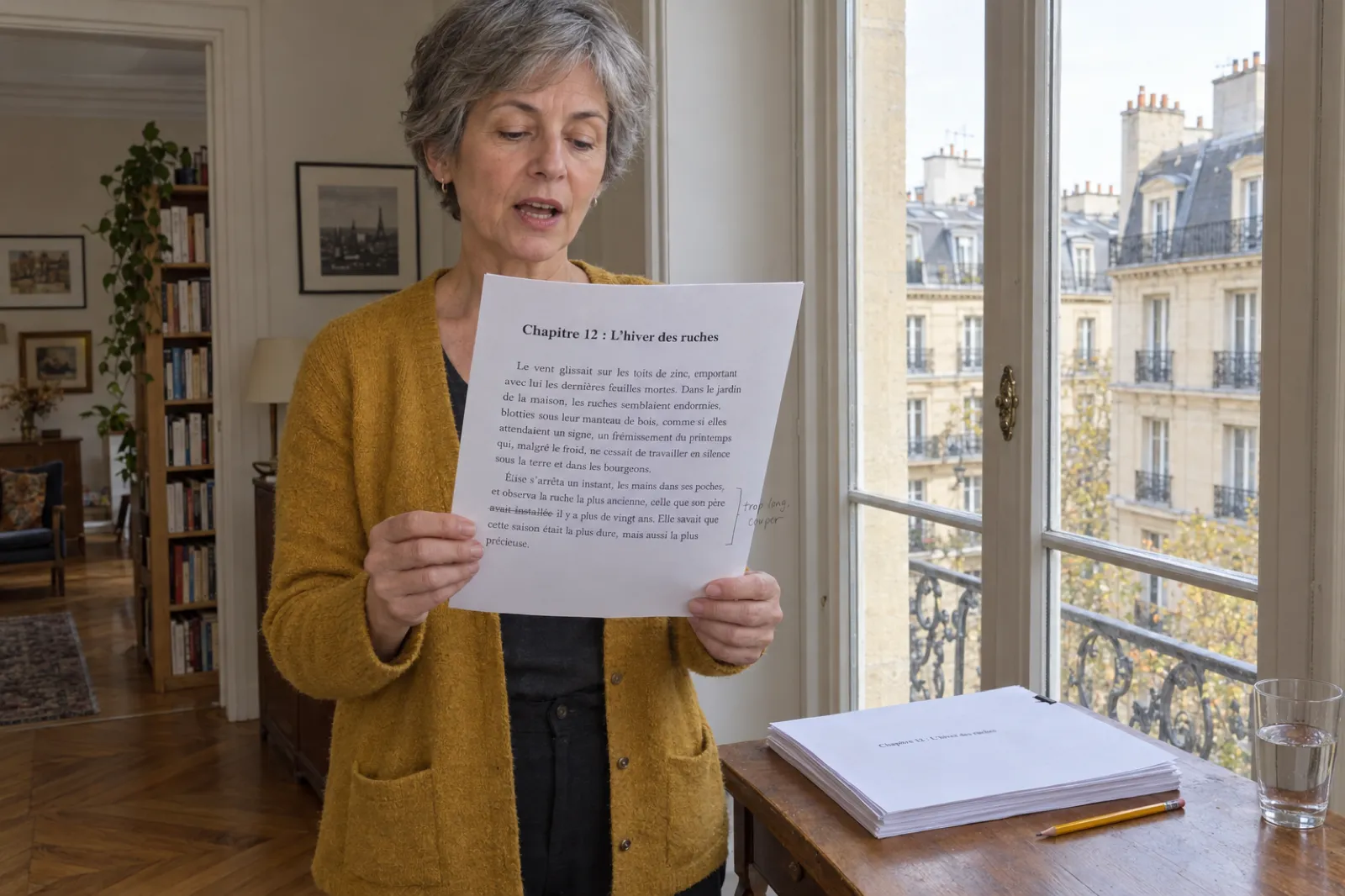 Dans un appartement parisien au parquet en point de Hongrie, une femme aux cheveux gris courts en gilet moutarde lit à voix haute une page de manuscrit titrée Chapitre 12 : L’hiver des ruches, avec deux mots barrés au crayon et une note en marge, près d’une fenêtre ouverte sur des immeubles haussmanniens ; le reste du manuscrit, un crayon et un verre d’eau sont posés sur une petite table.
