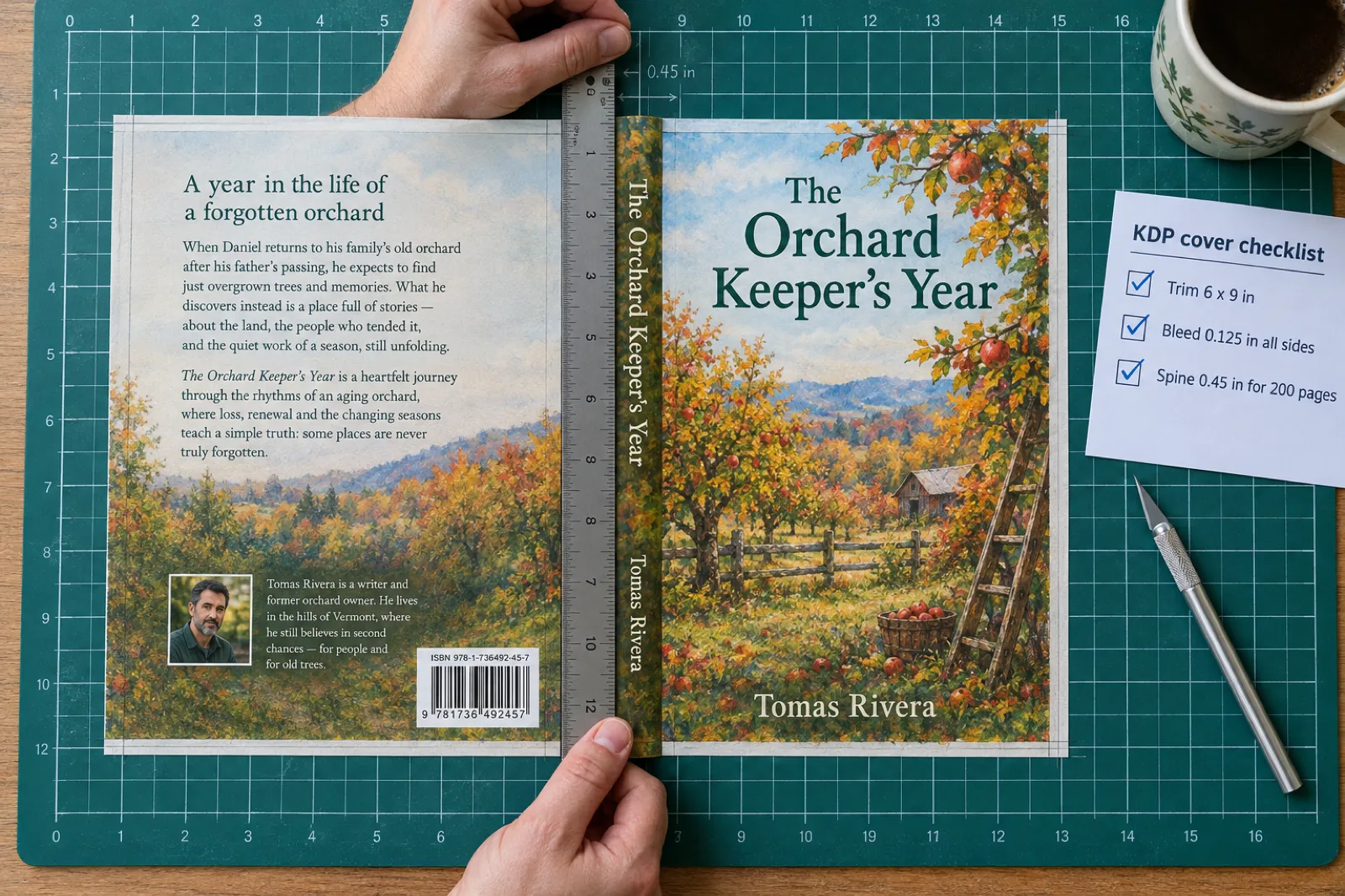 A full-wrap paperback cover for The Orchard Keeper's Year by Tomas Rivera laid flat on a cutting mat, with blurb and barcode on the back, the title on the spine, and hands measuring the 0.45 inch spine with a steel ruler beside a KDP cover checklist