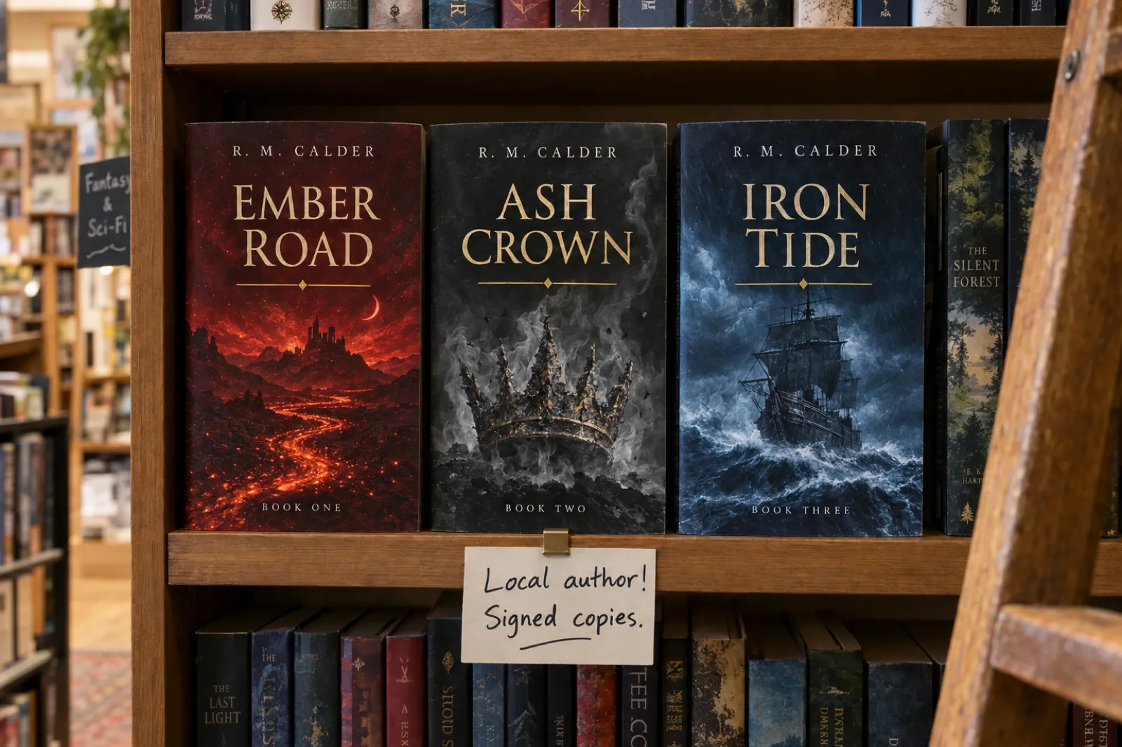 A fantasy trilogy by R. M. Calder face-out on an independent bookshop shelf, Ember Road, Ash Crown and Iron Tide, with matching title type and a gold rule, above a card reading Local author, signed copies