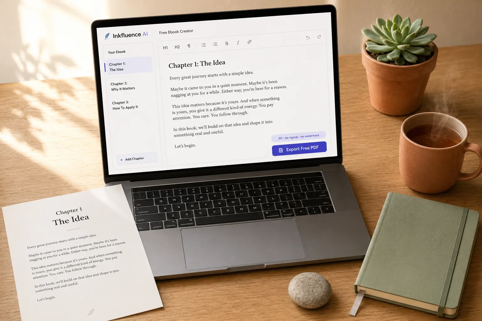 MacBook on a warm wooden desk showing the Inkfluence AI Free Ebook Creator interface with a three-chapter outline, an Export Free PDF button, and a $0 no signup, no watermark badge, beside a terracotta mug, a sage notebook, a succulent in a clay pot, and a smooth pebble paperweight