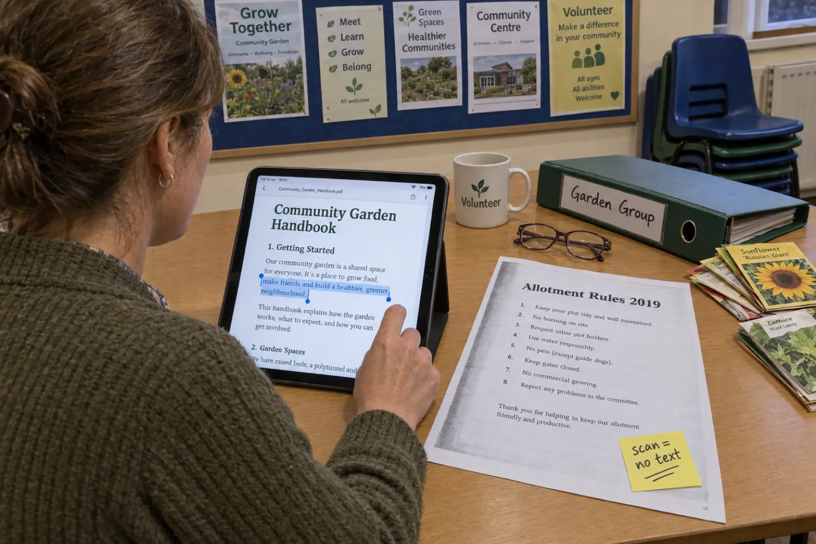 Over the shoulder, a woman at a community centre table selects a highlighted sentence in a PDF called Community Garden Handbook on a tablet, beside a scanned photocopy of Allotment Rules 2019 with a sticky note reading scan = no text
