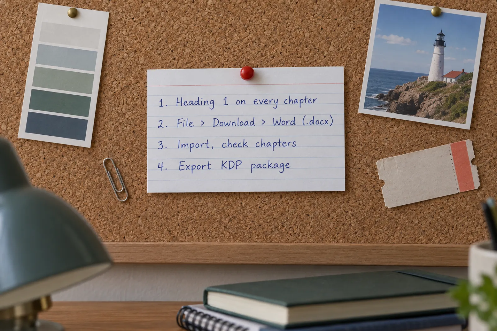 An index card pinned to a cork noticeboard with four handwritten steps: 1. Heading 1 on every chapter, 2. File > Download > Word (.docx), 3. Import, check chapters, 4. Export KDP package