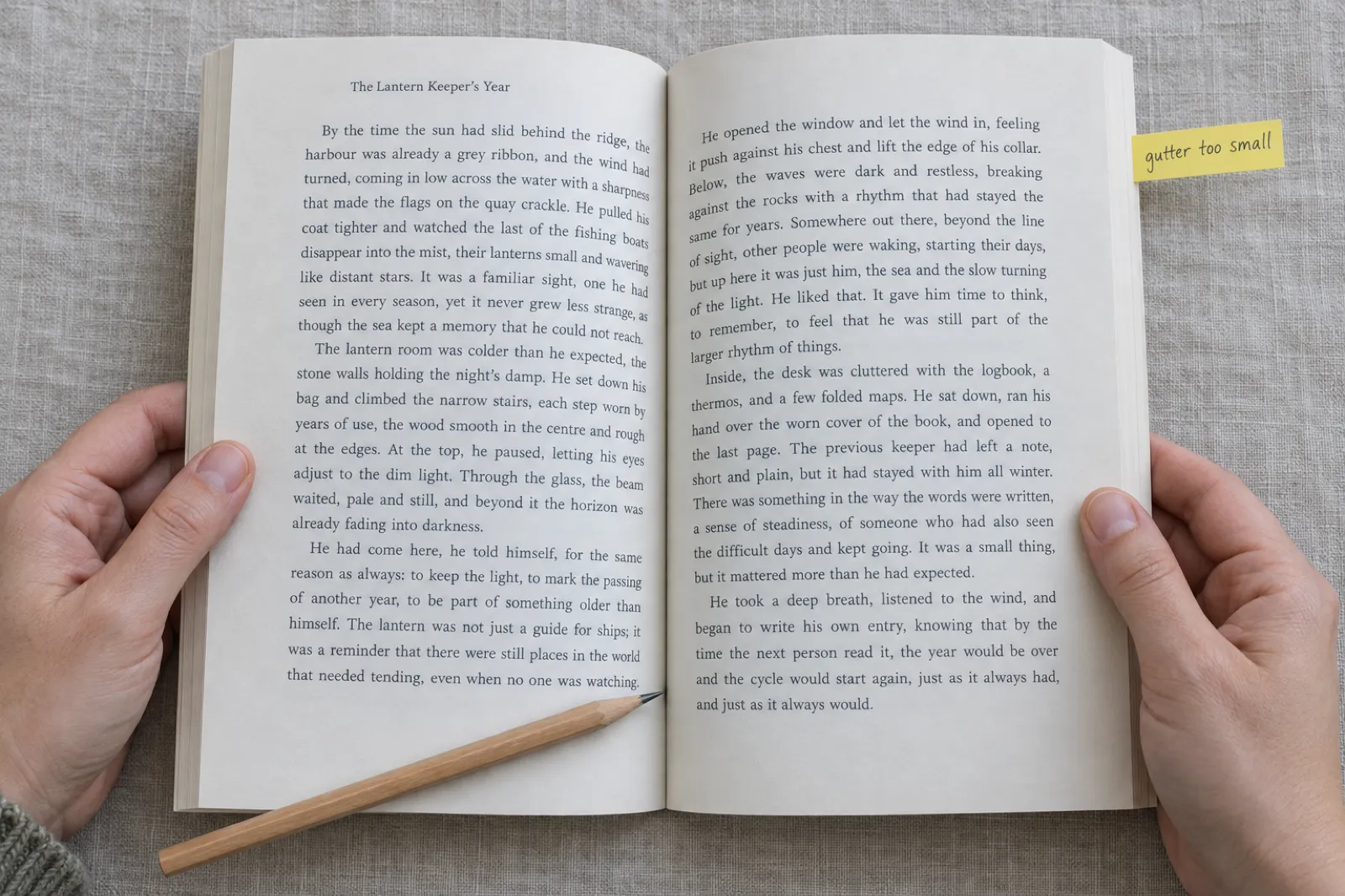 Overhead photo of hands holding open a paperback proof of The Lantern Keeper's Year, the lines of text curving into the spine fold, with a pencil pointing at the binding and a sticky flag reading gutter too small