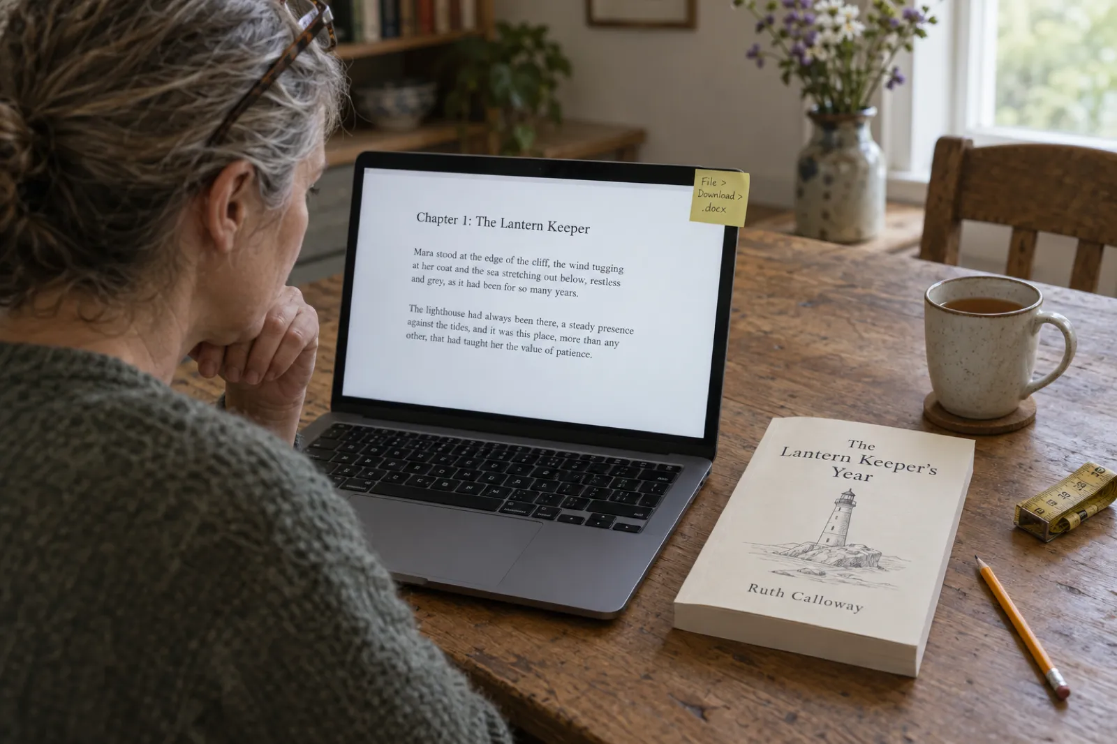 At a kitchen table an author with reading glasses on her head sits at a laptop showing a manuscript page headed Chapter 1: The Lantern Keeper, with a sticky note reading File > Download > .docx on the screen edge, and the paperback proof of The Lantern Keeper's Year by Ruth Calloway lying beside it
