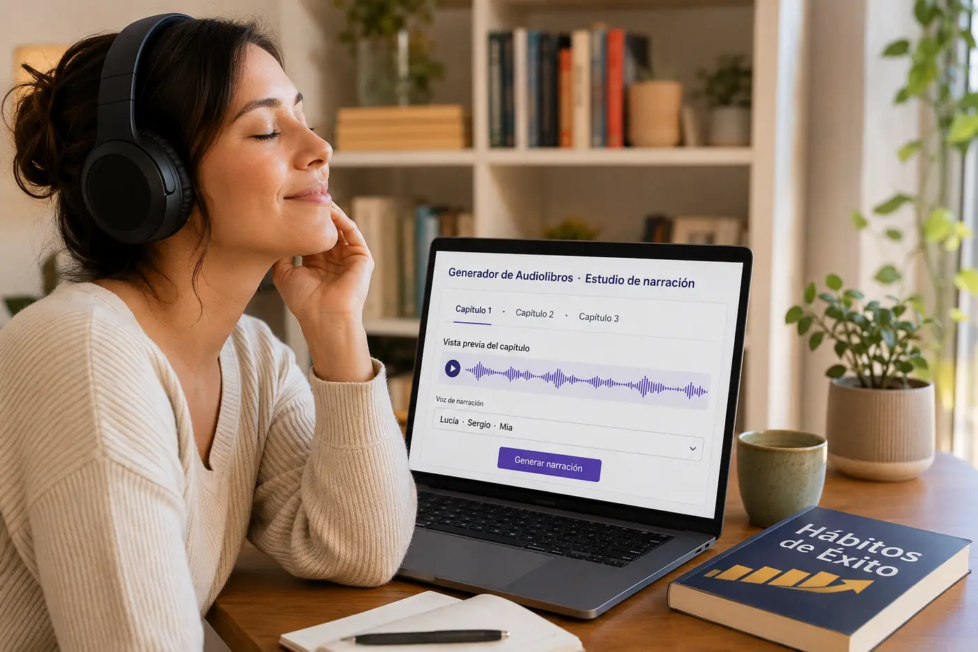 Una escritora con auriculares escucha su audiolibro generado con IA; en el portátil se ve el estudio de narración en español con la lista de capítulos y las voces Lucía, Sergio y Mia
