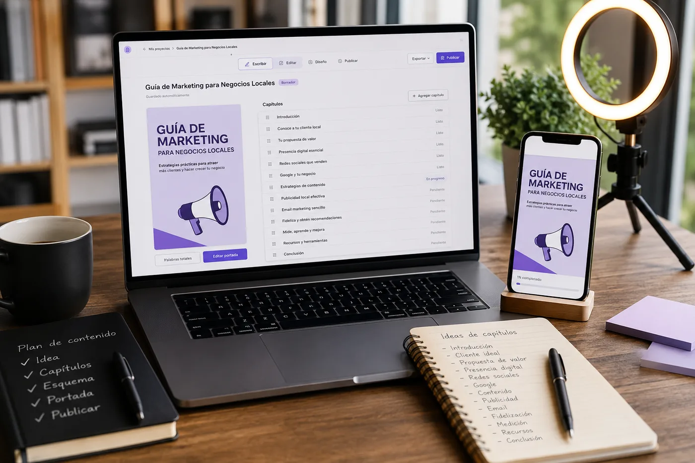 Creador de contenido produciendo un ebook con IA en su oficina en casa: portátil con la app en español mostrando la portada del ebook y la lista de capítulos, el mismo ebook abierto en el móvil al lado, aro de luz y cuaderno de notas