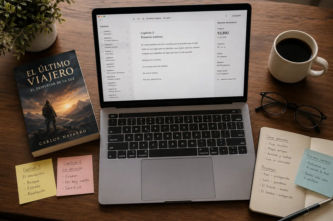 Escritorio de un autor generando un libro en español con IA: portátil con la lista de capítulos y el contador de 53.892 palabras, novela impresa El Último Viajero, notas adhesivas con ideas de capítulos y personajes, gafas y café