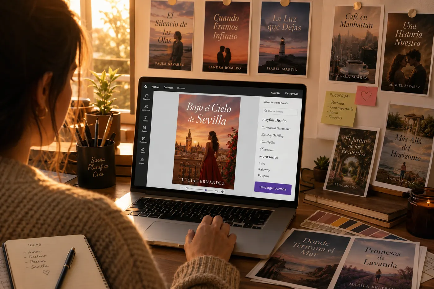 Una diseñadora ajusta la portada de una novela romántica en español, Bajo el Cielo de Sevilla, con el selector de fuentes abierto y portadas de otros libros en español en la pared