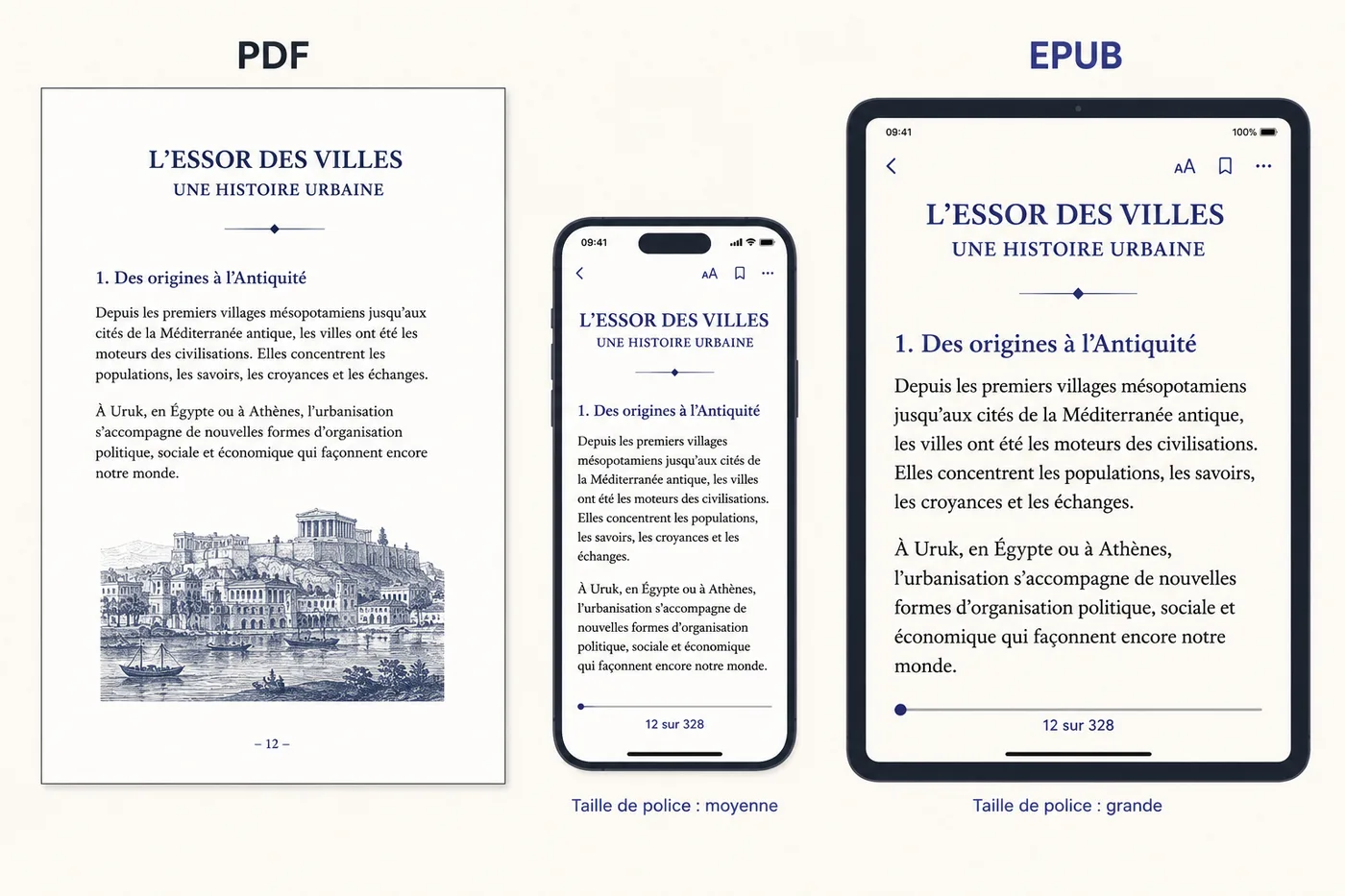 Schéma sur fond crème : à gauche une page PDF figée avec un titre en français et des marges fixes, à droite la même page en EPUB affichée sur un téléphone et sur une tablette avec deux tailles de police, étiquetées PDF et EPUB.