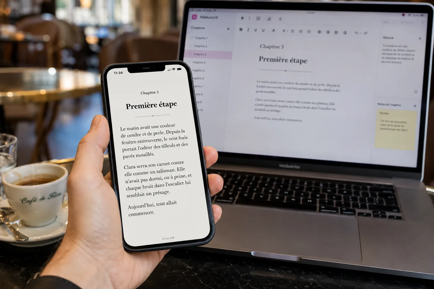 Un téléphone tenu en main affichant un ebook en français ouvert sur un chapitre intitulé La première semaine, et en arrière-plan un ordinateur portable sur un bureau montrant une application d’écriture avec le plan des chapitres dans la barre latérale, une tasse de café à côté.
