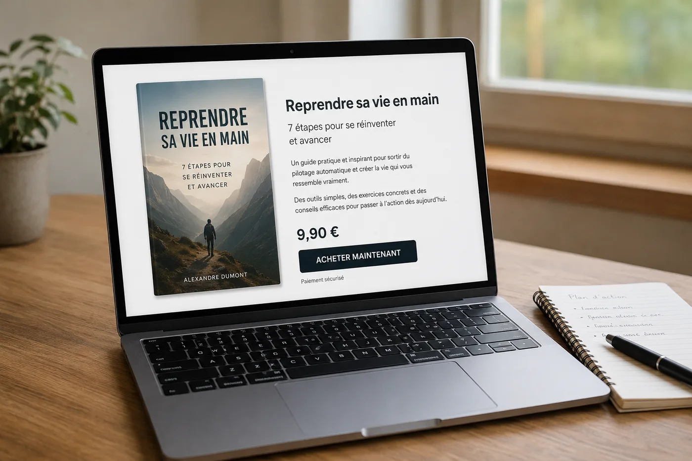 Un ordinateur portable sur une table affichant une page de vente d’ebook en français : la couverture à gauche, un titre, un court résumé, un prix en euros et un bouton d’achat vert, avec un carnet et un stylo à côté.