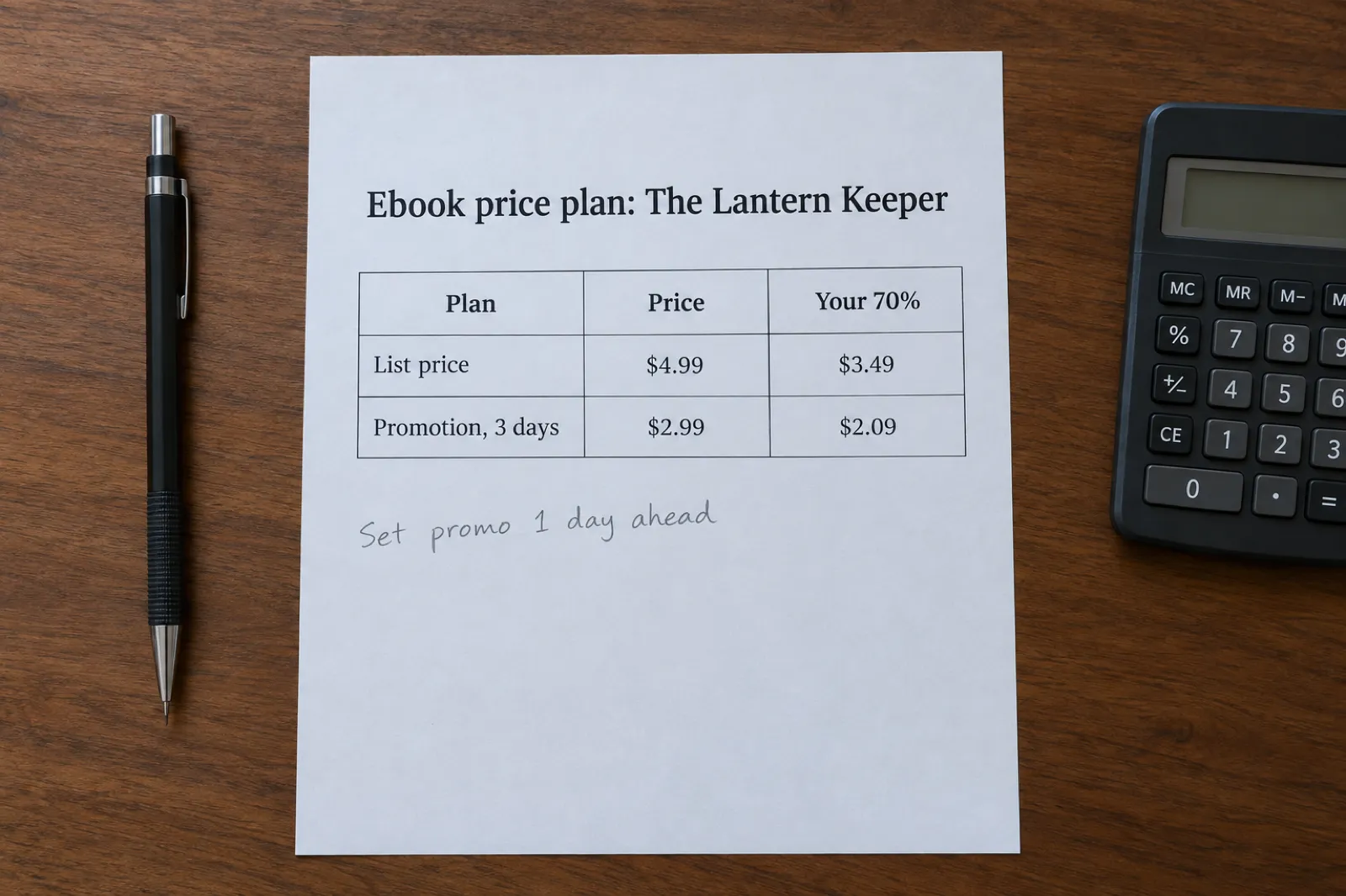 A printed pricing worksheet for an invented novel, The Lantern Keeper, showing list price $4.99 paying $3.49 and a three-day promotion at $2.99 paying $2.09, with a pencilled note to set the promotion one day ahead