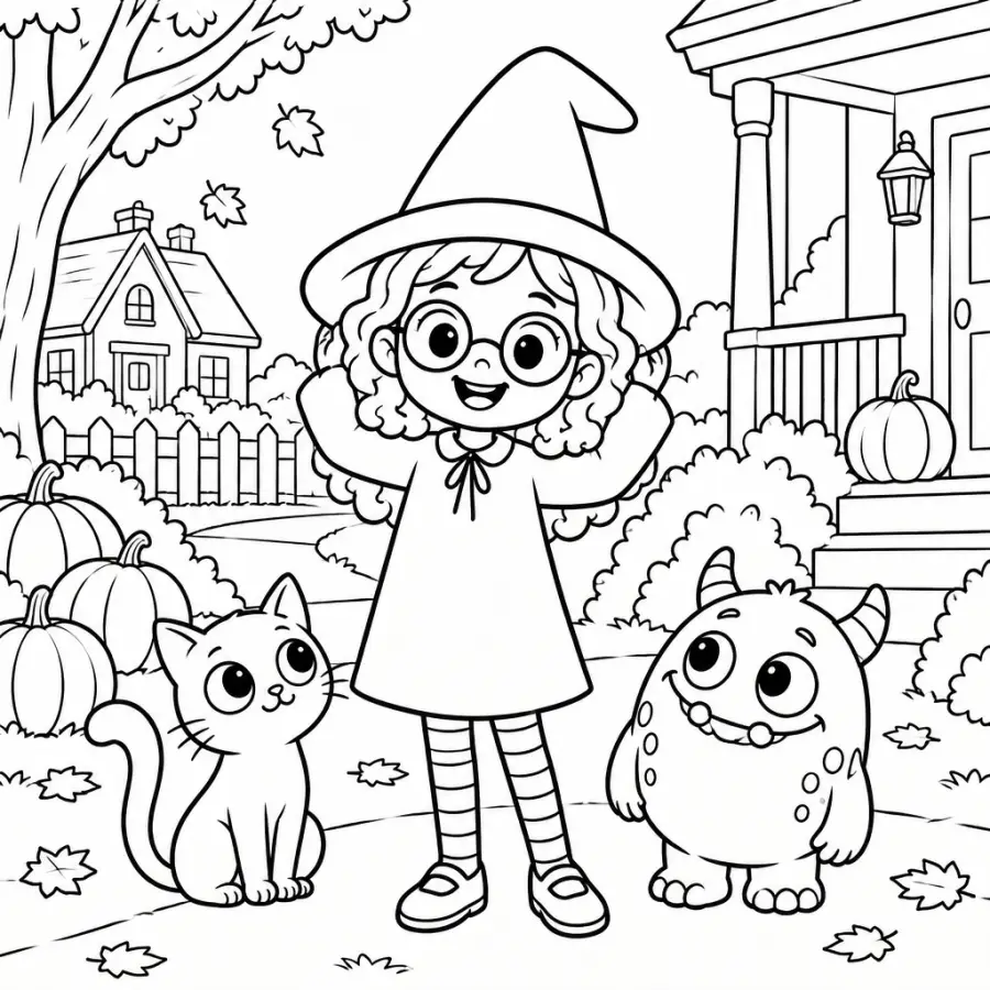 Coloring page: Mia in a pointed witch hat, round glasses and striped tights waves on a street of houses, with her black cat Pepper and a round green monster beside her.