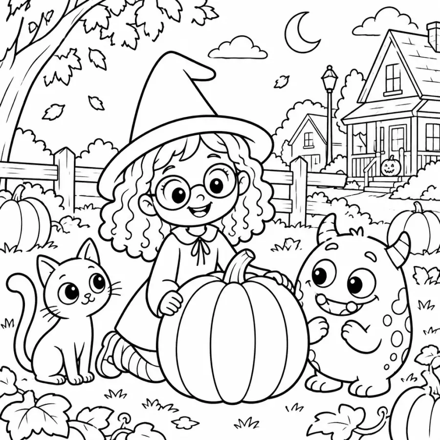 Coloring page: Mia kneels beside a big pumpkin in the patch, Pepper and the green monster on either side, pumpkins and leaves around them.