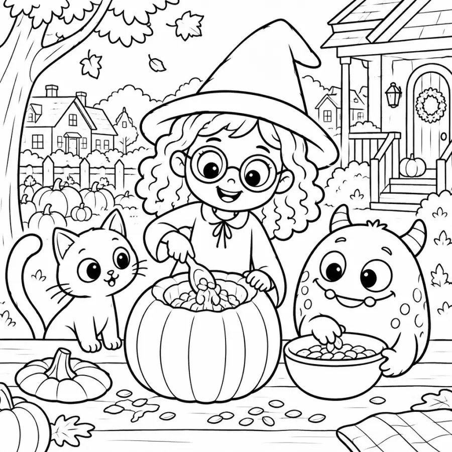 Coloring page: Mia scoops out a pumpkin with Pepper and the monster watching, a bowl of seeds beside them.