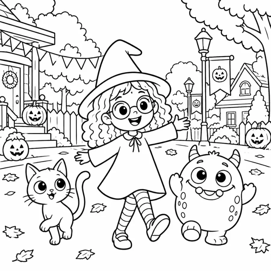 Coloring page: Mia marches in the costume parade with Pepper and the monster, bunting and lanterns along the street.