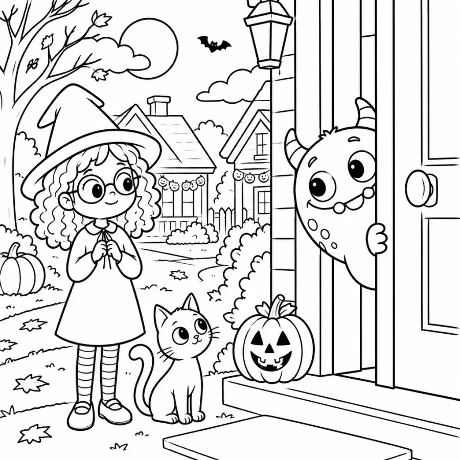 Coloring page: a friendly monster peeks round the door of a haunted house while Mia and Pepper giggle on the step.