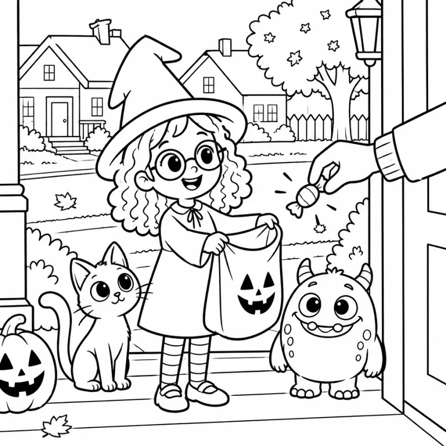 Coloring page: Mia holds out a jack-o-lantern treat bag at a front door as a hand drops in a sweet, Pepper and the monster beside her.