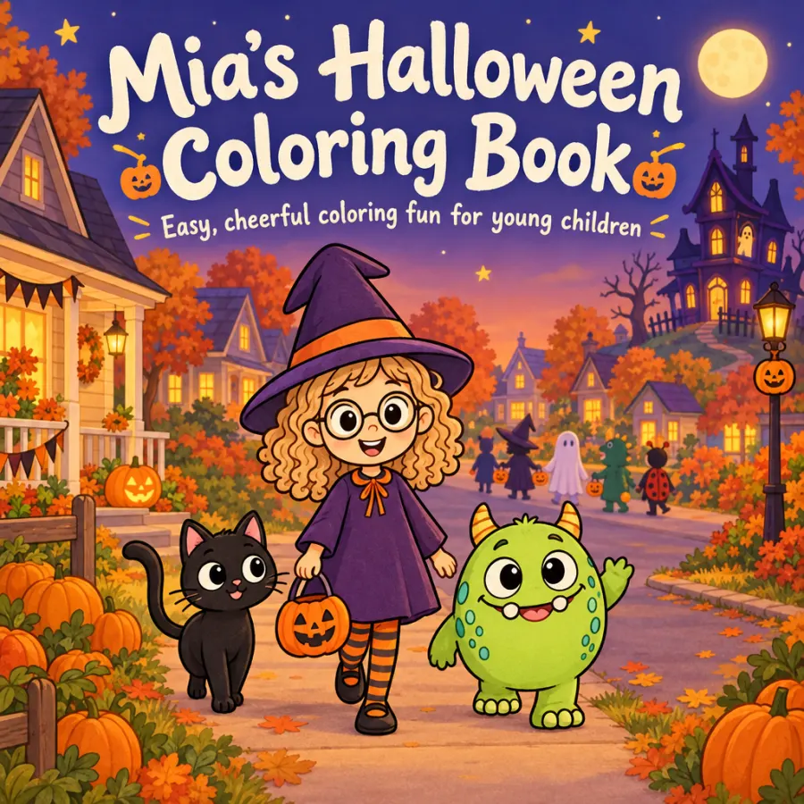The full-color cover of Mia's Halloween Coloring Book, painted in the same run as the pages.