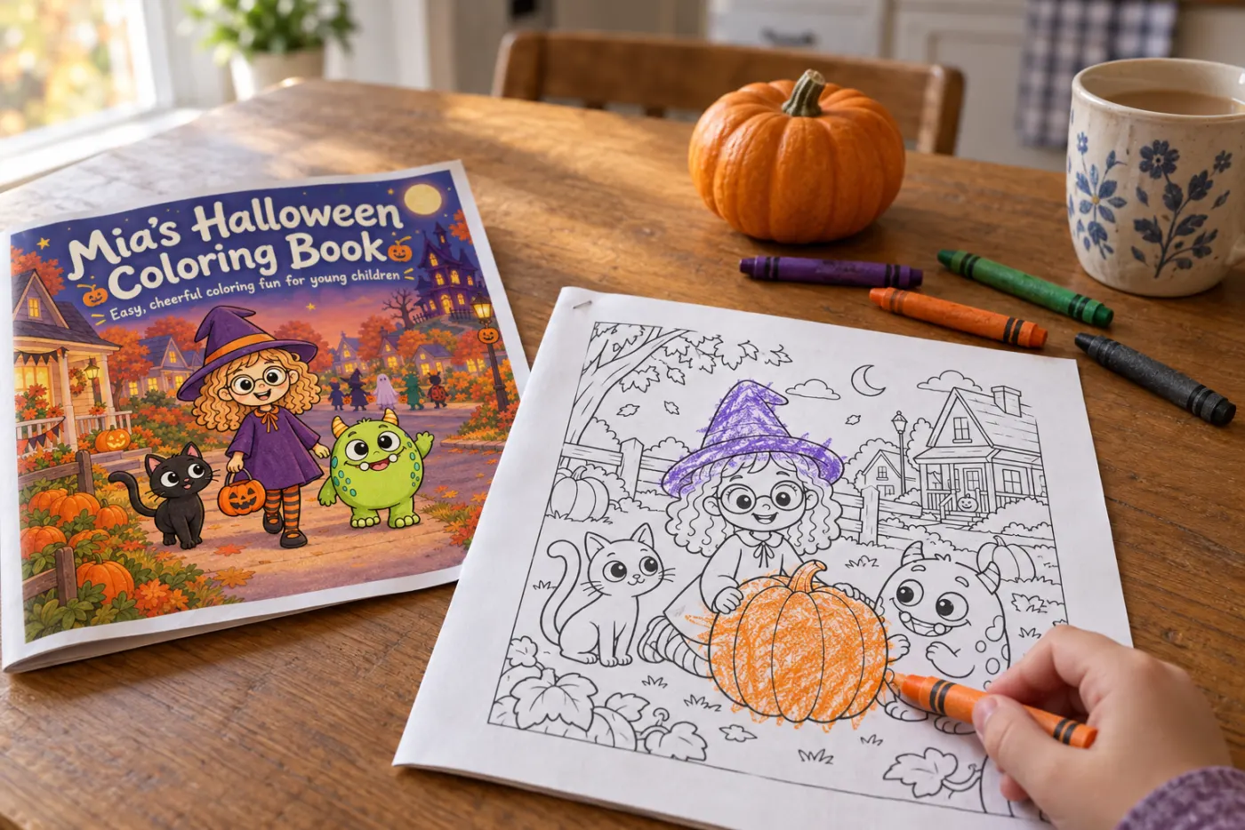 A kitchen table in October: a stapled Halloween coloring book open at a pumpkin-patch page half coloured in orange and purple crayon, a small pumpkin, a child's hand holding a crayon, morning light.