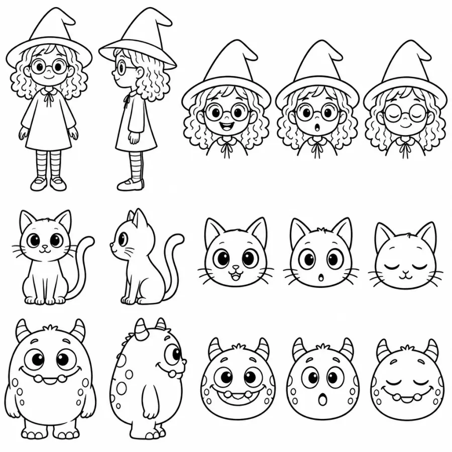 Character sheet in line art: Mia front and side with three expressions, Pepper the cat in five poses, and the green monster in five poses.