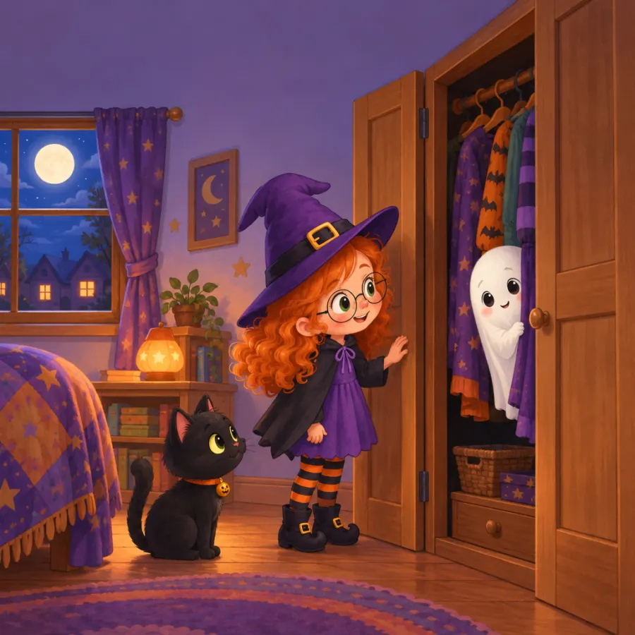 Mia, in a purple witch hat and striped tights, opens her closet door and a tiny white ghost peeks out from the hanging clothes, Pepper the black cat watching.