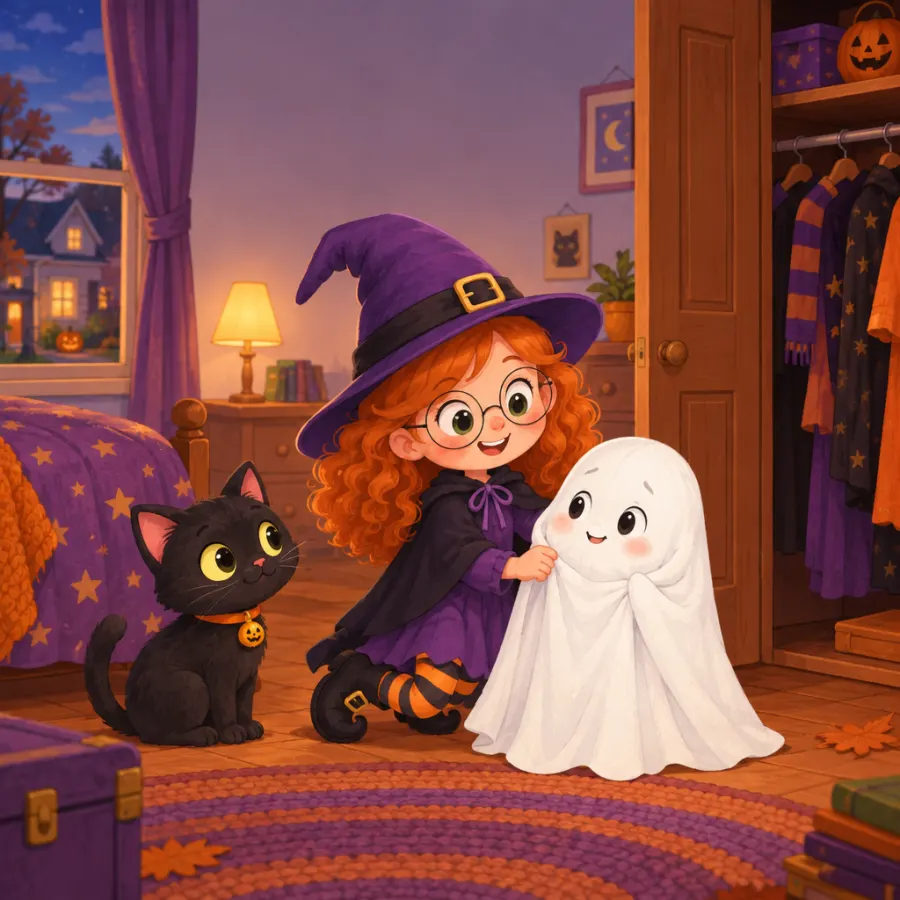 Mia kneels in her bedroom tucking a small white sheet around the ghost while Pepper sits beside them.