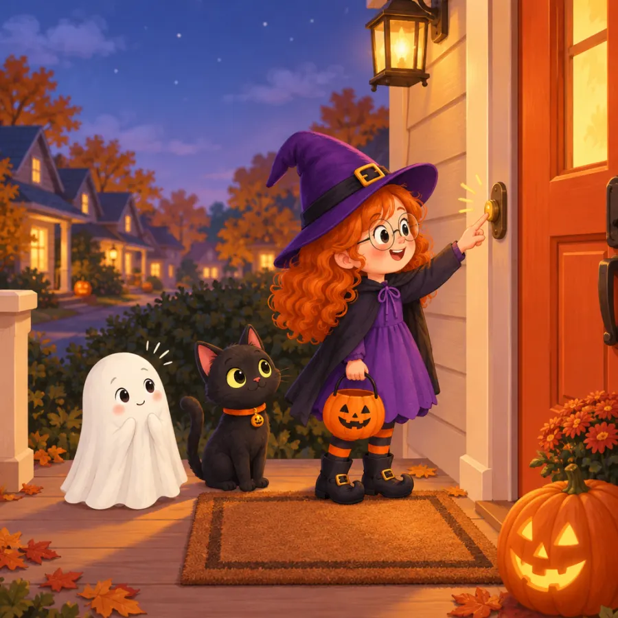 At night Mia rings a front-door bell on a porch with a jack-o-lantern, the ghost and Pepper waiting behind her.