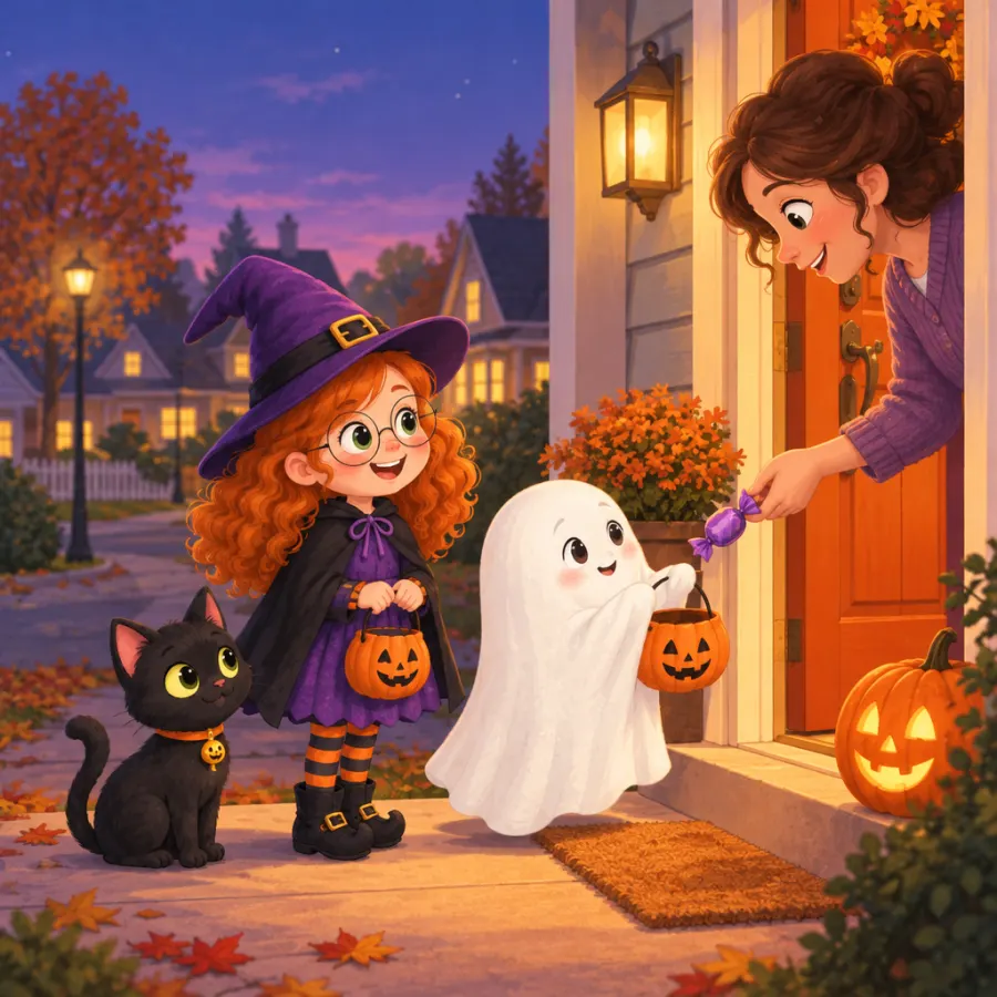 A smiling neighbour leans out of an orange front door to drop a sweet into the ghost's pumpkin pail, Mia and Pepper beside him.