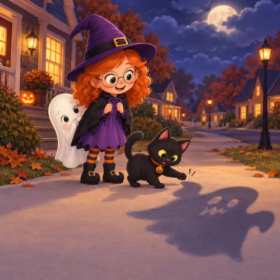 On a moonlit street the ghost hides behind Mia while Pepper pats at a big wobbly ghost-shaped shadow on the pavement.