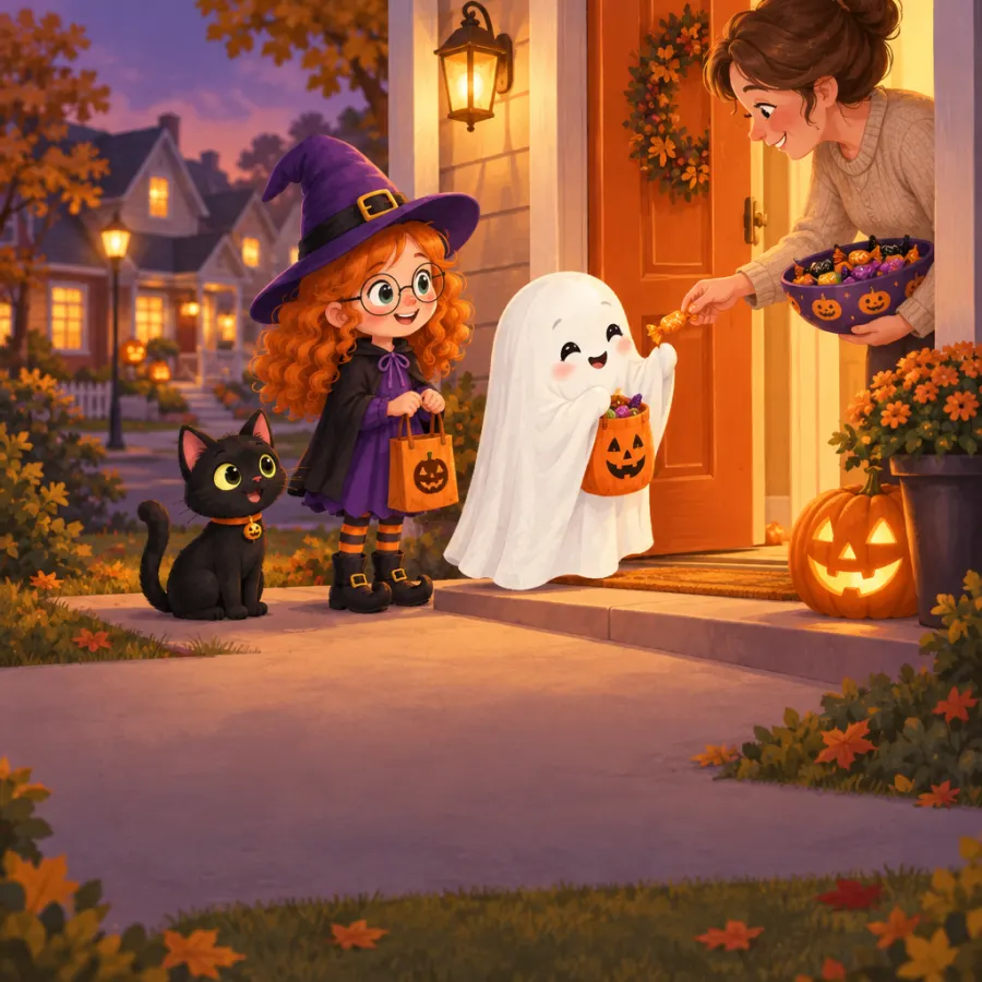 The ghost holds out his pail at a doorway as a neighbour offers a bowl of sweets, Mia and Pepper smiling beside him.