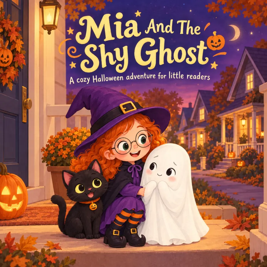 The cover of Mia And The Shy Ghost: Mia in her witch hat and Pepper the cat hug a small white ghost on a porch at night, the title lettered in yellow.