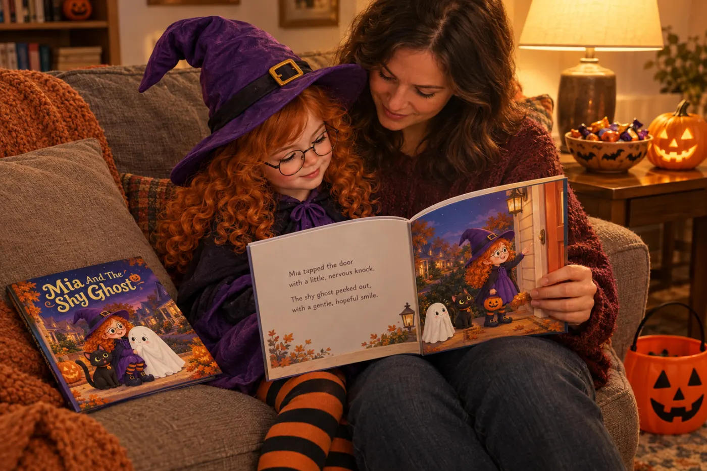 A child in a purple witch hat and striped tights reads a square picture book with a parent on a sofa on Halloween night, the book's cover on the cushion beside them, a bowl of sweets and a jack-o-lantern on the side table.