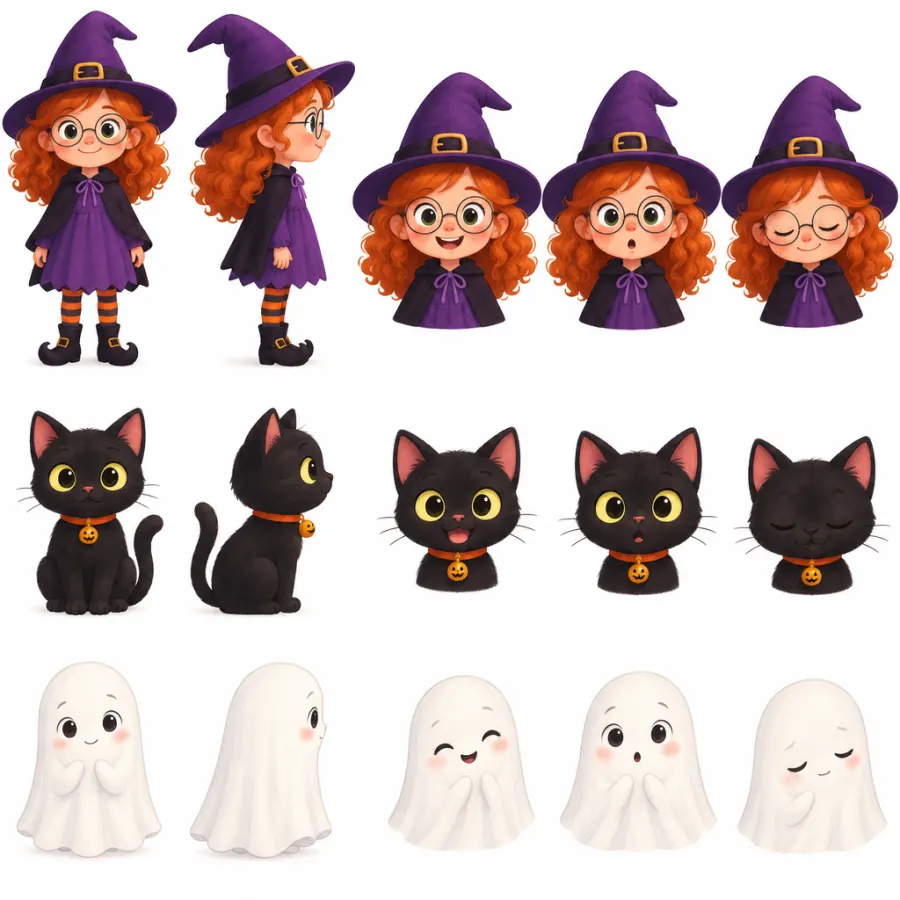 Character sheet: Mia front and side with three expressions, Pepper the cat in five poses, and the small ghost in five poses.