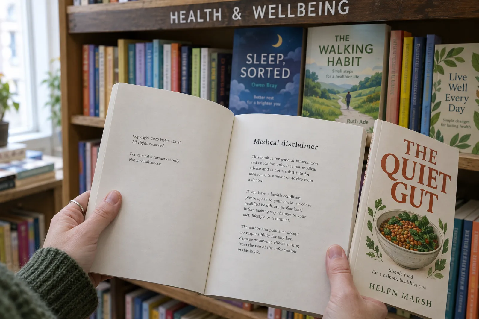 In a bookshop health and wellbeing aisle, a customer's hands hold open a paperback of The Quiet Gut by Helen Marsh at its front matter, where a page headed Medical disclaimer begins This book is for general information and education only