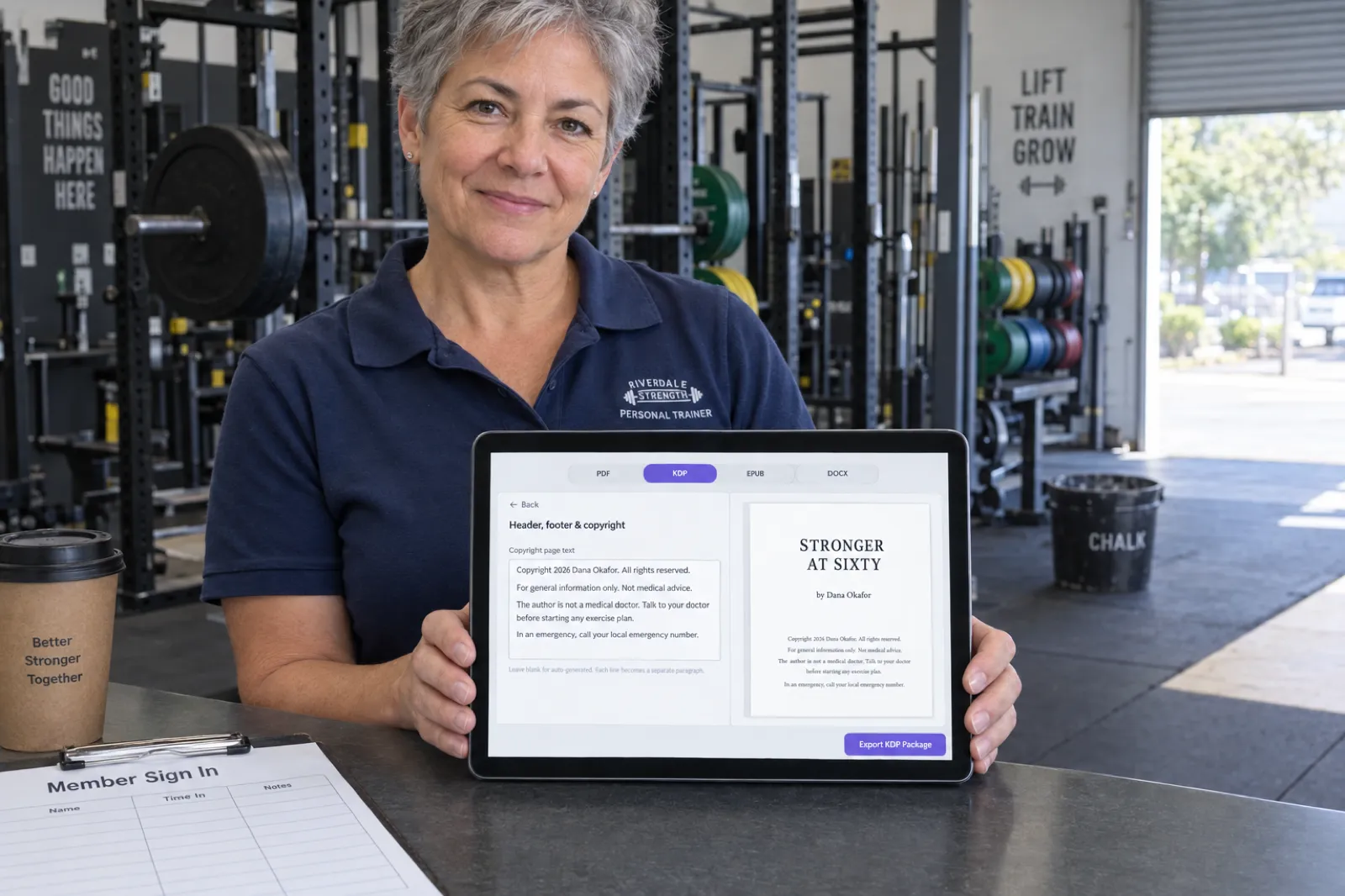 At a gym reception counter, a personal trainer holds a tablet showing the Inkfluence AI Export window with PDF, KDP, EPUB and DOCX tabs, the Header, footer and copyright section open and a short medical disclaimer typed into the Copyright page text box