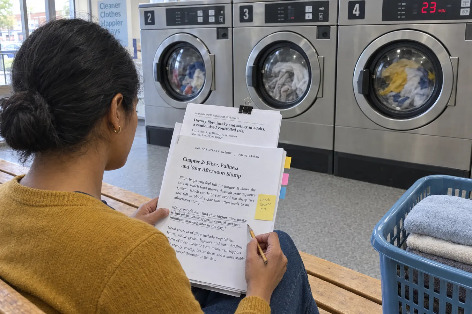In a laundromat, nutrition coach Priya Raman sits on a bench between spinning machines checking a printed chapter of Eat for Steady Energy against a printed study, with coloured tabs in the margin and a handwritten note reading check source