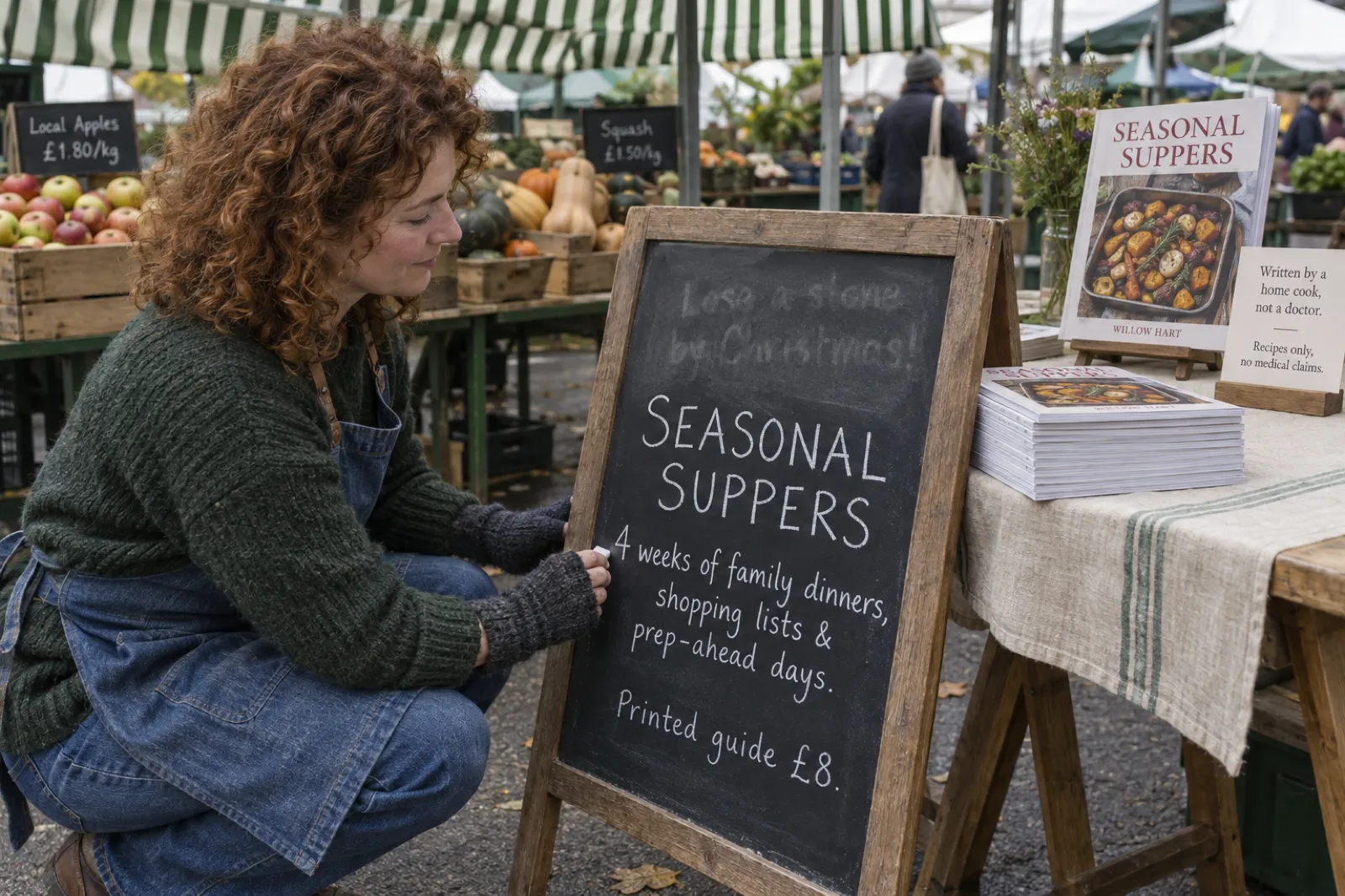 At a Saturday farmers market, a stallholder rewrites the chalkboard sign for her printed guides: Lose a stone by Christmas is rubbed out and now reads Seasonal Suppers, 4 weeks of family dinners with shopping lists, beside a stack of copies of Seasonal Suppers by Willow Hart