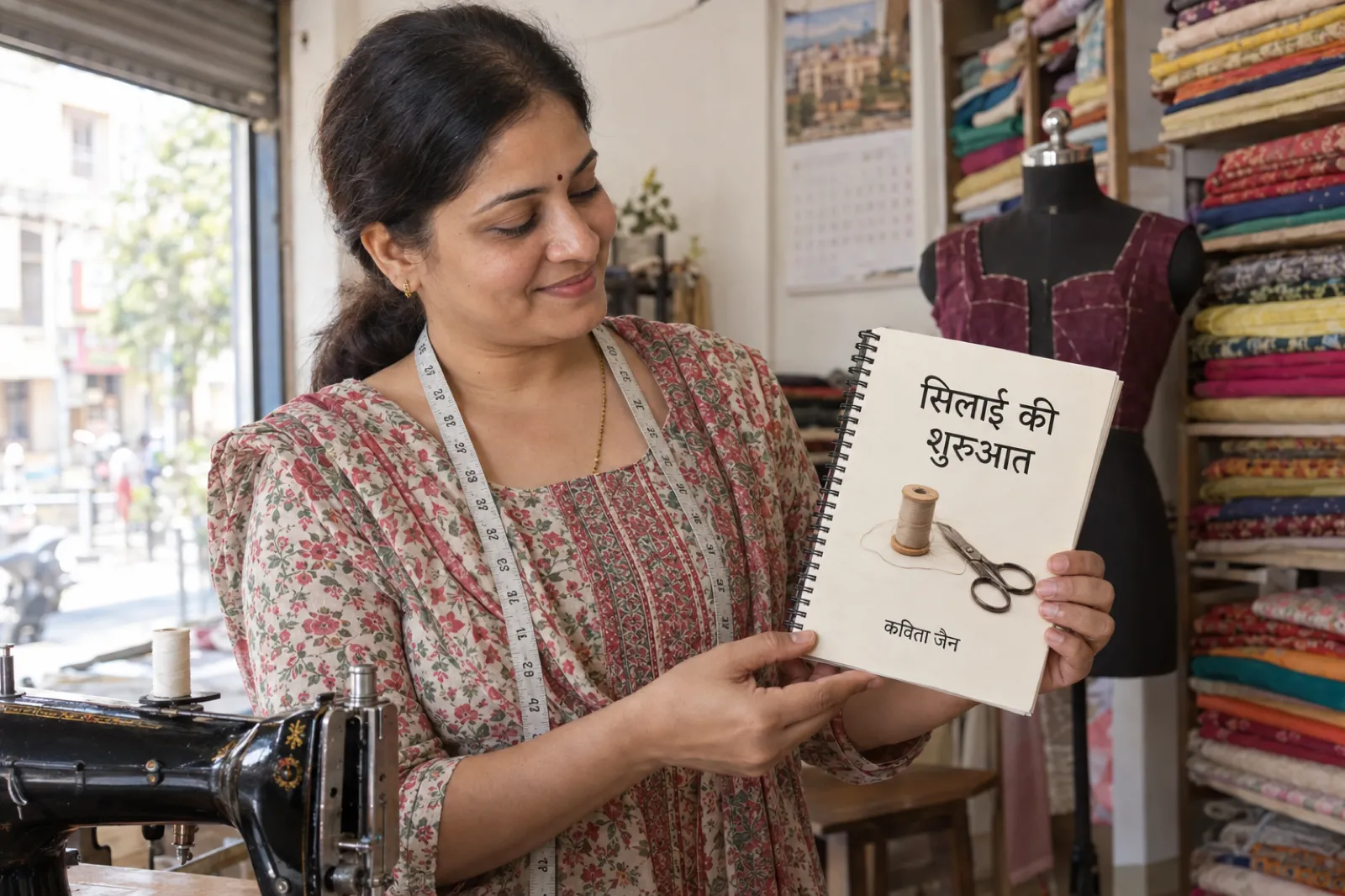 इंदौर के एक छोटे सिलाई बुटीक में सलवार कमीज़ पहने एक महिला, गले में नापने का फ़ीता, सिलाई मशीन के पास खड़ी होकर दोनों हाथों में अपनी स्पाइरल-बाउंड किताब पकड़े हुए है, जिसके कवर पर धागे की रील और कैंची के साथ शीर्षक सिलाई की शुरुआत और लेखक का नाम कविता जैन लिखा है; पीछे रंग-बिरंगे कपड़ों के थान।