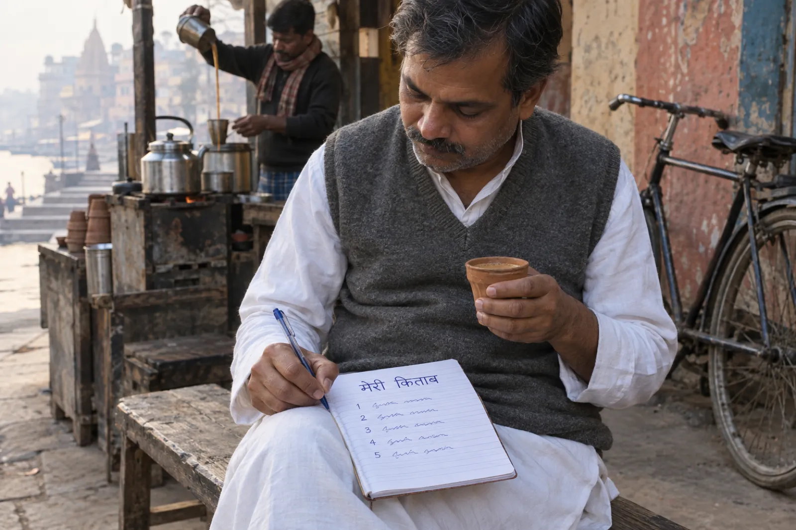 वाराणसी की एक सड़क किनारे चाय की दुकान पर सफ़ेद कुर्ता और स्लेटी स्वेटर पहने एक अधेड़ आदमी लकड़ी की बेंच पर बैठा है, एक हाथ में मिट्टी का कुल्हड़ और दूसरे से गोद में रखी नोटबुक में लिख रहा है; पन्ने के ऊपर मेरी किताब लिखा है और नीचे 1 से 5 तक नंबर; पीछे चायवाला ऊँचाई से चाय डाल रहा है और दीवार से एक साइकिल टिकी है।