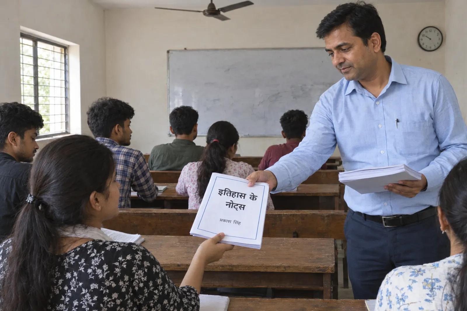 पटना के एक छोटे कोचिंग सेंटर की कक्षा में हल्की नीली कमीज़ पहने शिक्षक पहली बेंच पर बैठी छात्रा को छपी हुई पुस्तिकाओं का ढेर दे रहे हैं; सबसे ऊपर वाली पुस्तिका के सफ़ेद कवर पर इतिहास के नोट्स और प्रकाश सिंह लिखा है; पीछे लकड़ी की बेंचों पर छात्र और सफ़ेद बोर्ड।