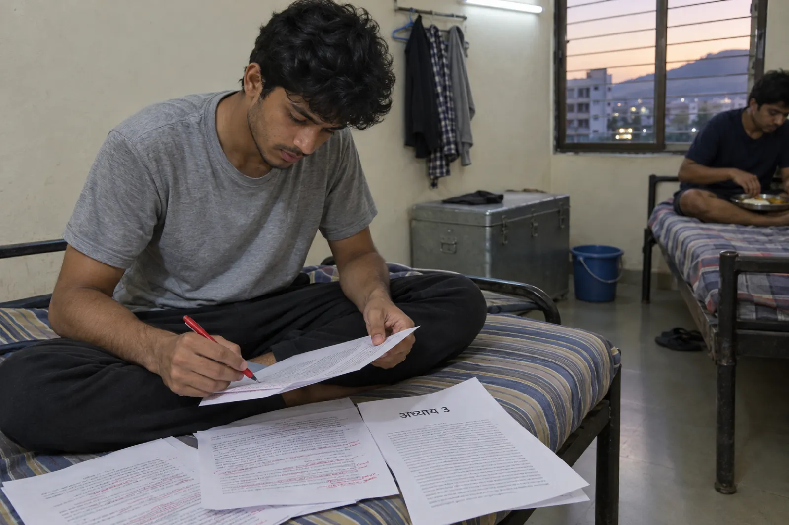 पुणे के एक कॉलेज हॉस्टल के कमरे में धूसर टी-शर्ट पहने एक युवक पतले गद्दे वाले बिस्तर पर पालथी मारकर बैठा है और छपे हुए पन्नों पर लाल पेन से निशान लगा रहा है; पास के पन्ने के ऊपर अध्याय 3 छपा है; पीछे दूसरे बिस्तर पर उसका रूममेट स्टील की थाली से खा रहा है।