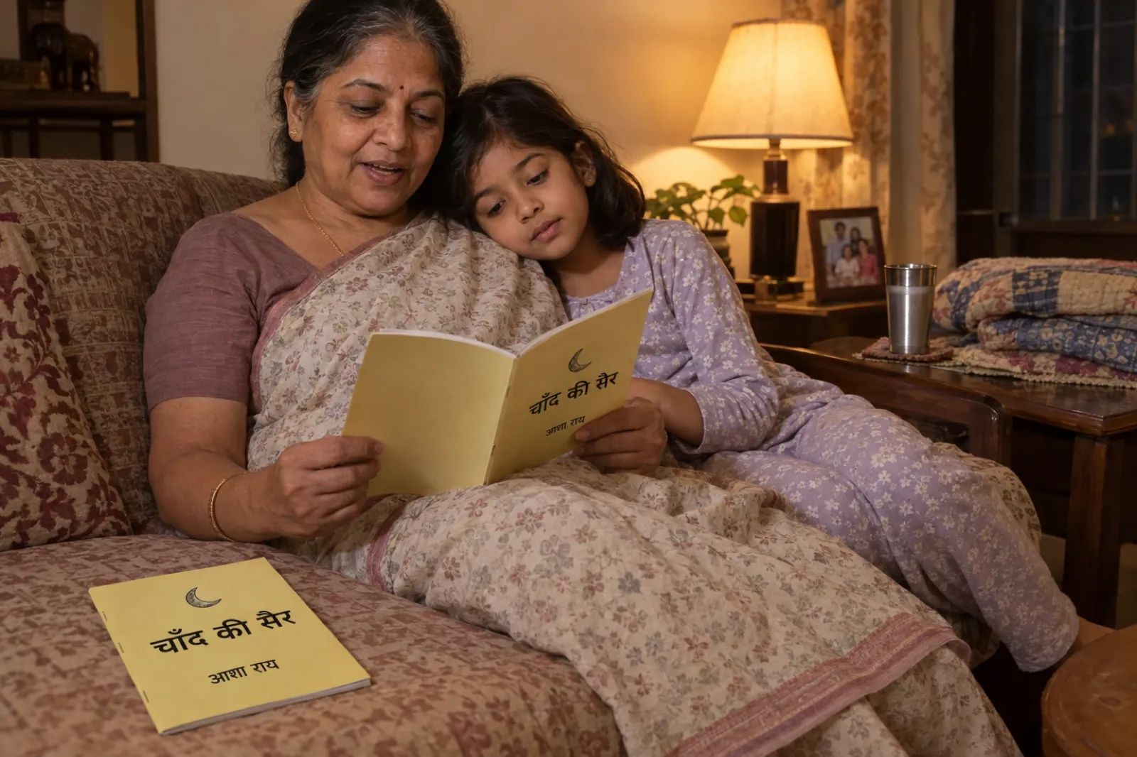 लखनऊ के एक घर में रात को टेबल लैंप की गर्म रोशनी में सूती साड़ी पहने दादी सोफ़े पर बैठकर अपनी छह साल की पोती को एक छपी हुई कहानी पढ़कर सुना रही हैं; सोफ़े पर उसी पुस्तिका की एक और प्रति रखी है जिसके पीले कवर पर चाँद का चित्र और शीर्षक चाँद की सैर, लेखक आशा राय लिखा है।