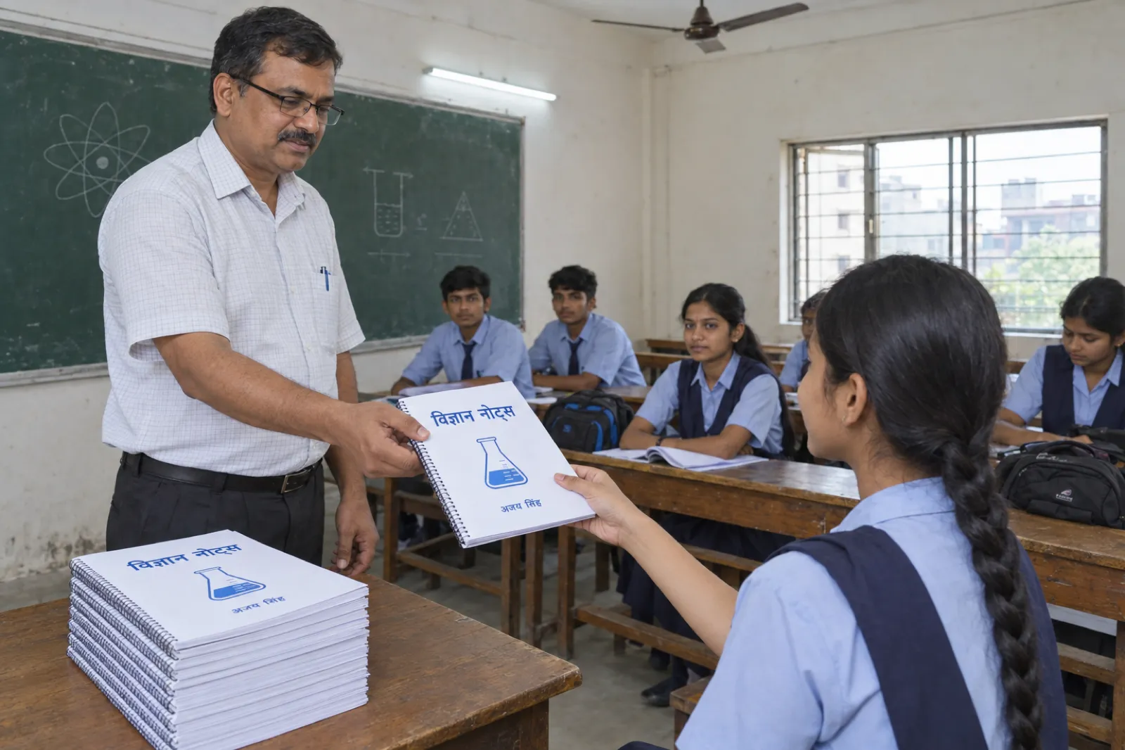 पटना के एक छोटे कोचिंग सेंटर में दोपहर को, चश्मा और आधी बाँह की शर्ट पहने एक शिक्षक स्कूल यूनिफ़ॉर्म में बैठी एक छात्रा को स्पाइरल बाइंड की हुई कॉपी दे रहे हैं; सफ़ेद कवर पर बीकर की नीली तस्वीर, शीर्षक विज्ञान नोट्स और नाम अजय सिंह लिखा है। मेज़ पर वैसी ही कॉपियों का ढेर, पीछे हरा चॉकबोर्ड, लकड़ी की बेंचों पर बैठे छात्र और छत का पंखा।