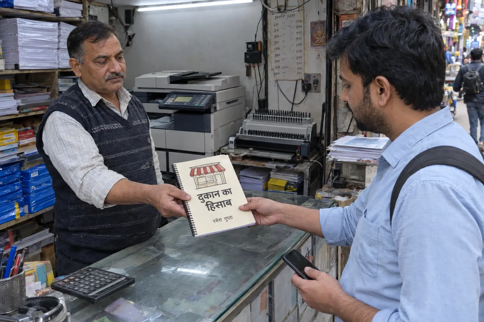 दिल्ली के एक भीड़-भाड़ वाले बाज़ार की फ़ोटोकॉपी और प्रिंट की दुकान पर शाम को ट्यूबलाइट की रोशनी में, स्वेटर पहने एक अधेड़ दुकानदार काँच के काउंटर के पार एक ग्राहक को ताज़ा स्पाइरल बाइंड की हुई किताब दे रहा है; किताब के क्रीम रंग के कवर पर दुकान के शेड की तस्वीर, शीर्षक दुकान का हिसाब और लेखक का नाम रमेश गुप्ता है। पीछे फ़ोटोकॉपी मशीन, बाइंडिंग मशीन और कागज़ के बंडल।