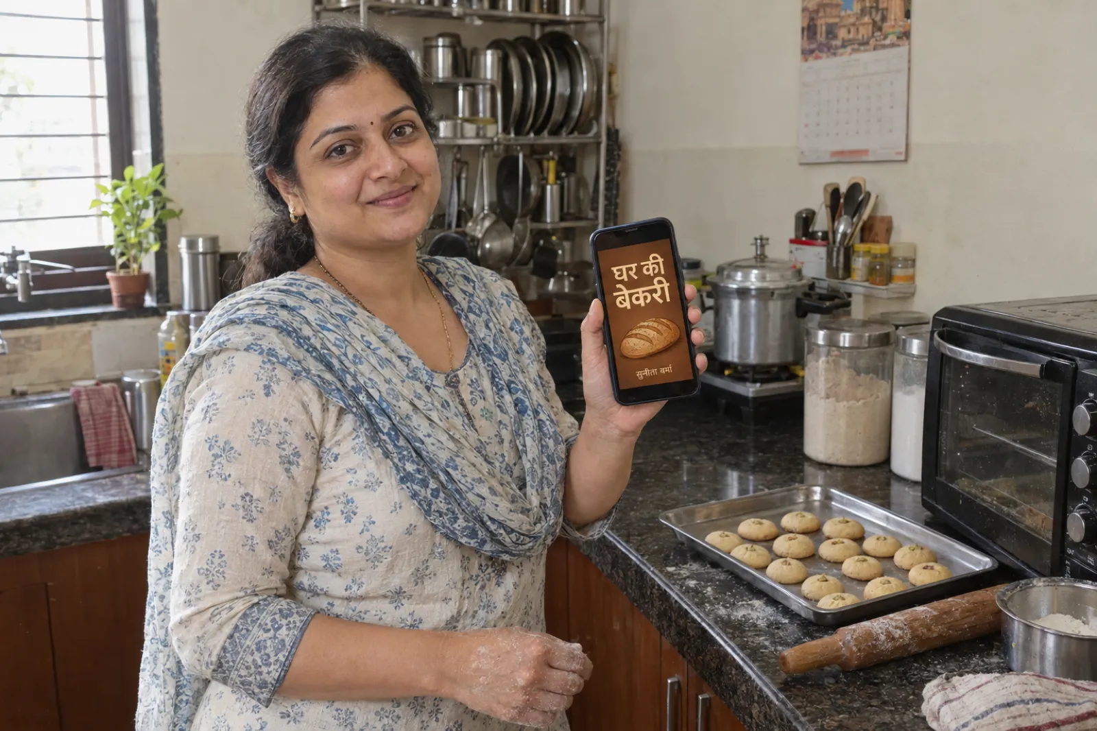 इंदौर के एक घर की रसोई में, आटे से सने हाथों वाली एक महिला मुस्कुराते हुए अपना फ़ोन कैमरे की ओर दिखा रही है; स्क्रीन पर भूरे रंग का ई-बुक कवर है जिस पर डबलरोटी की तस्वीर, शीर्षक घर की बेकरी और लेखिका का नाम सुनीता वर्मा लिखा है। पास में ग्रेनाइट के काउंटर पर नानखटाई की स्टील ट्रे, बेलन और छोटा ओवन है, पीछे स्टील के बर्तनों का रैक और प्रेशर कुकर।