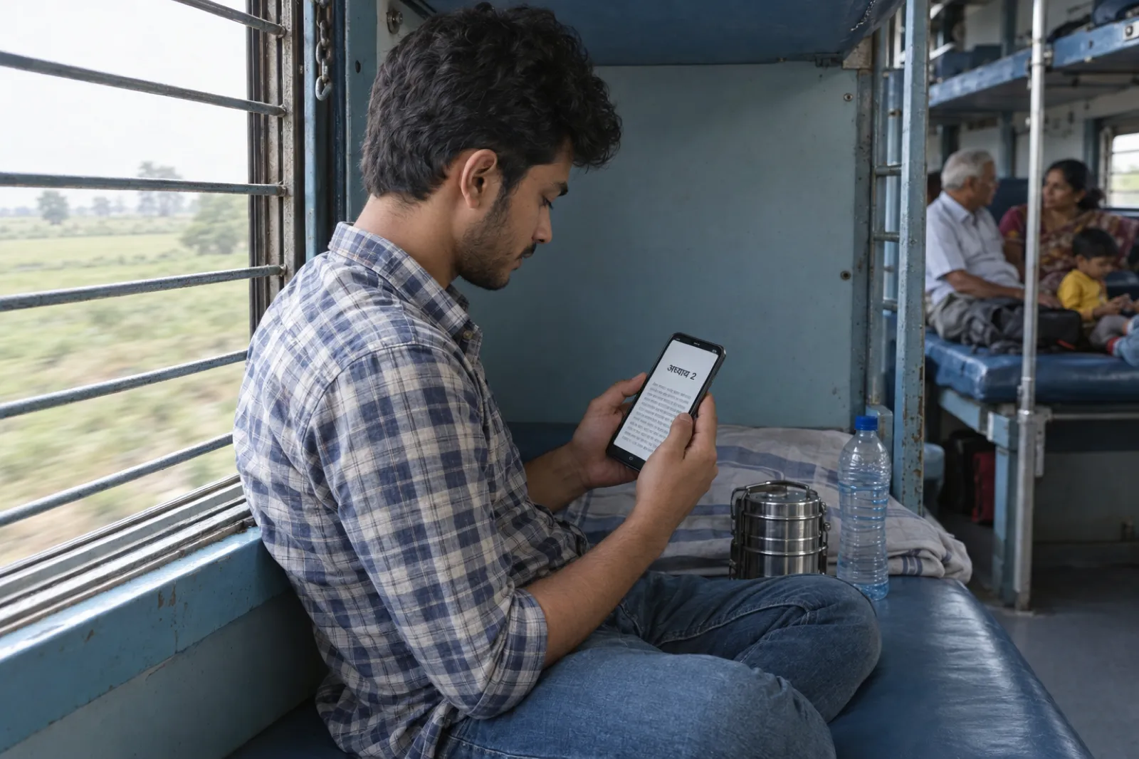 भारतीय रेल के स्लीपर कोच में दिन के उजाले में, चेक शर्ट पहने एक युवक खिड़की के पास नीचे वाली बर्थ पर पालथी मारकर बैठा है और दोनों हाथों में फ़ोन लेकर पढ़ रहा है; स्क्रीन पर बड़े अक्षरों में अध्याय 2 और नीचे हिंदी टेक्स्ट की लाइनें हैं। बगल में स्टील का टिफ़िन और पानी की बोतल, बाहर खेत पीछे छूट रहे हैं, सामने की बर्थ पर एक बुज़ुर्ग जोड़ा और बच्चा धुंधले दिख रहे हैं।