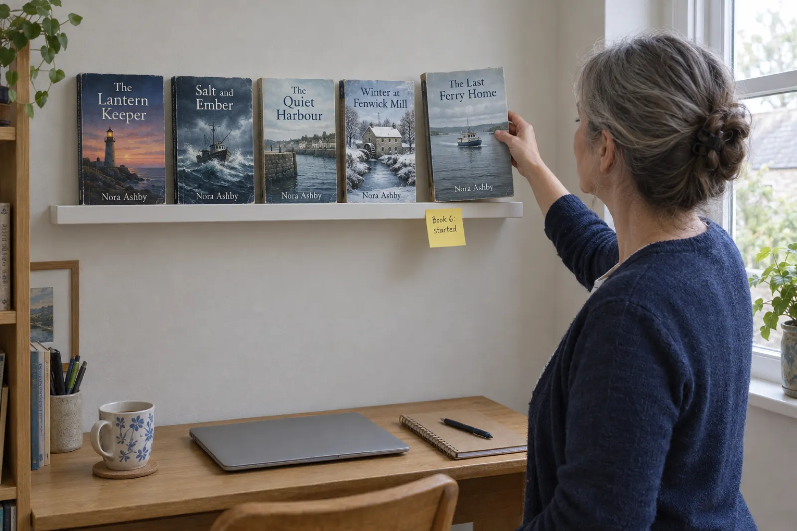 A woman in a navy cardigan places a paperback called The Last Ferry Home on a white picture ledge beside four other novels by the same author, Nora Ashby: The Lantern Keeper, Salt and Ember, The Quiet Harbour and Winter at Fenwick Mill, with a sticky note on the ledge reading Book 6: started.