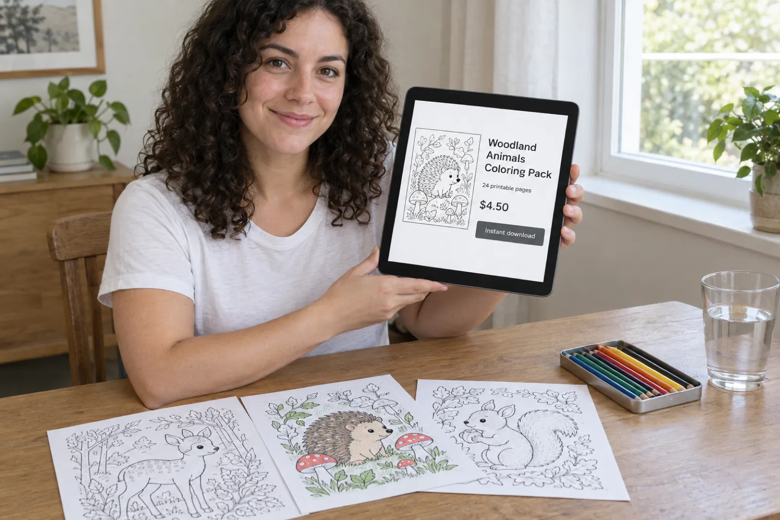 A smiling woman at a dining table holds up a tablet showing a plain product page for Woodland Animals Coloring Pack, 24 printable pages, $4.50, with an Instant download button, while three printed coloring pages of a fawn, a hedgehog and a squirrel lie on the table, one partly coloured.